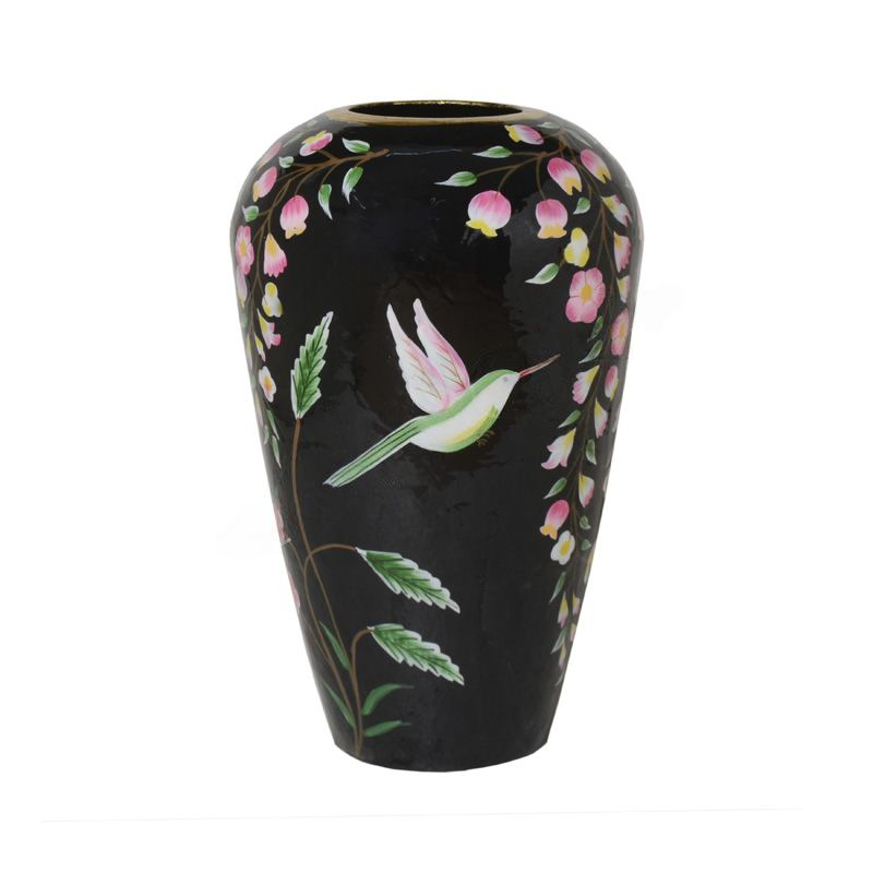 Vase handbemalt mit Blüte schwarz Emaille