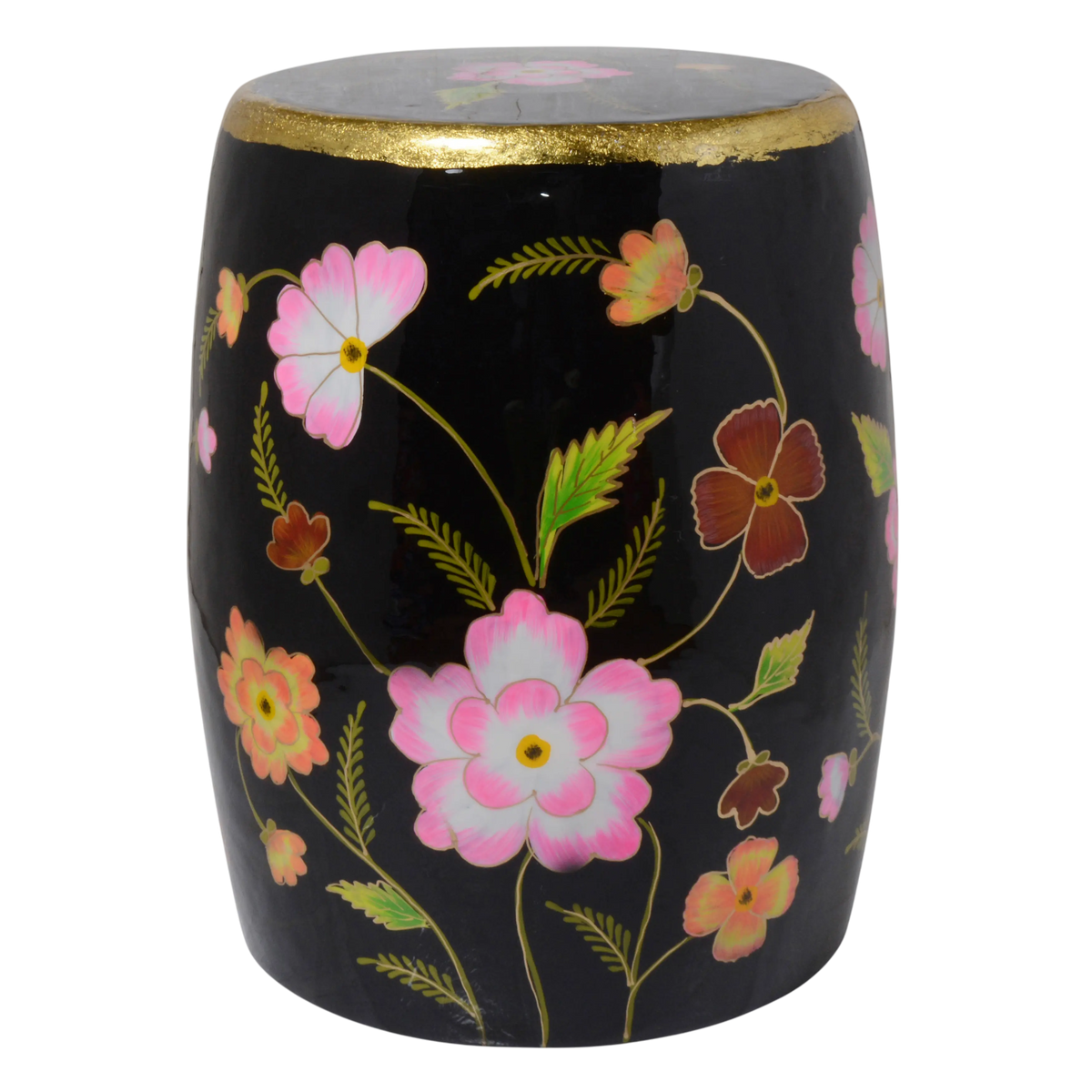 Metallhocker handbemalt mit Blumen – Schwarz mit Goldrand – 36 x 46 cm – orientalisch