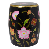 Metallhocker handbemalt mit Blumen – Schwarz mit Goldrand – 36 x 46 cm – orientalisch