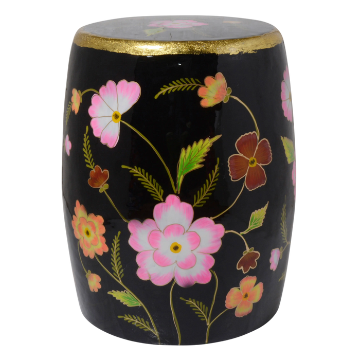Metallhocker handbemalt mit Blumen – Schwarz mit Goldrand – 36 x 46 cm – orientalisch