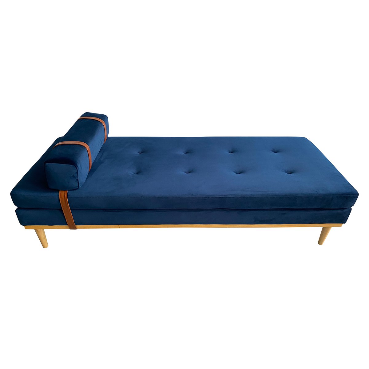 Daybed "Lina" in Blau aus Samt mit Holzfüßen in Natur – luxuriöse Designer-Liege für Wohnzimmer & Schlafzimmer.
