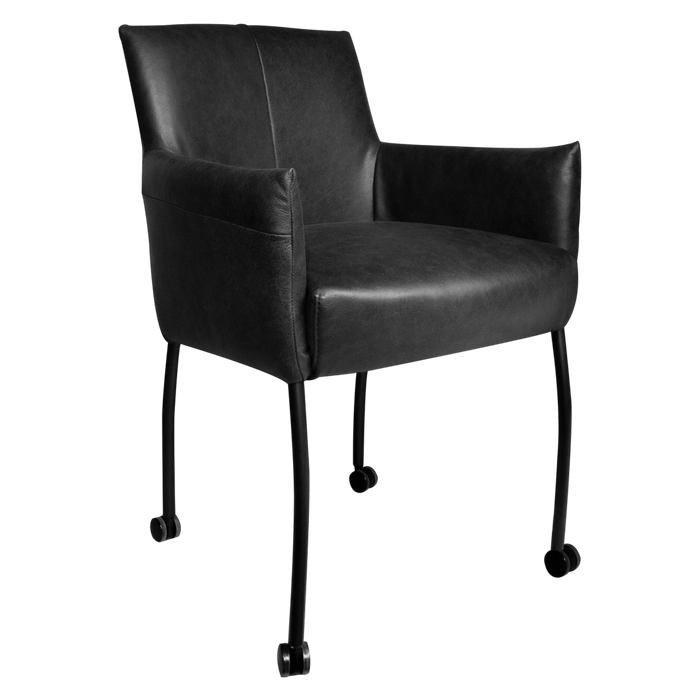 Esszimmerstuhl mit Rollen aus Leder – Schwarz – B 60 cm – Komfort trifft Industrial-Design