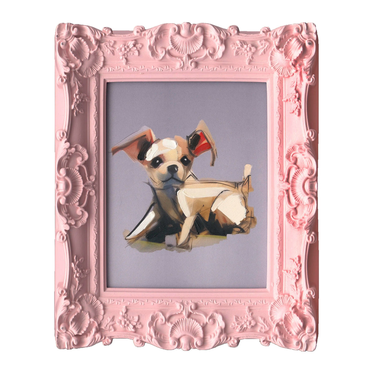 Handgemaltes Bild Chihuahua mit pinkem Rahmen – 30x35 cm – verspielt & dekorativ