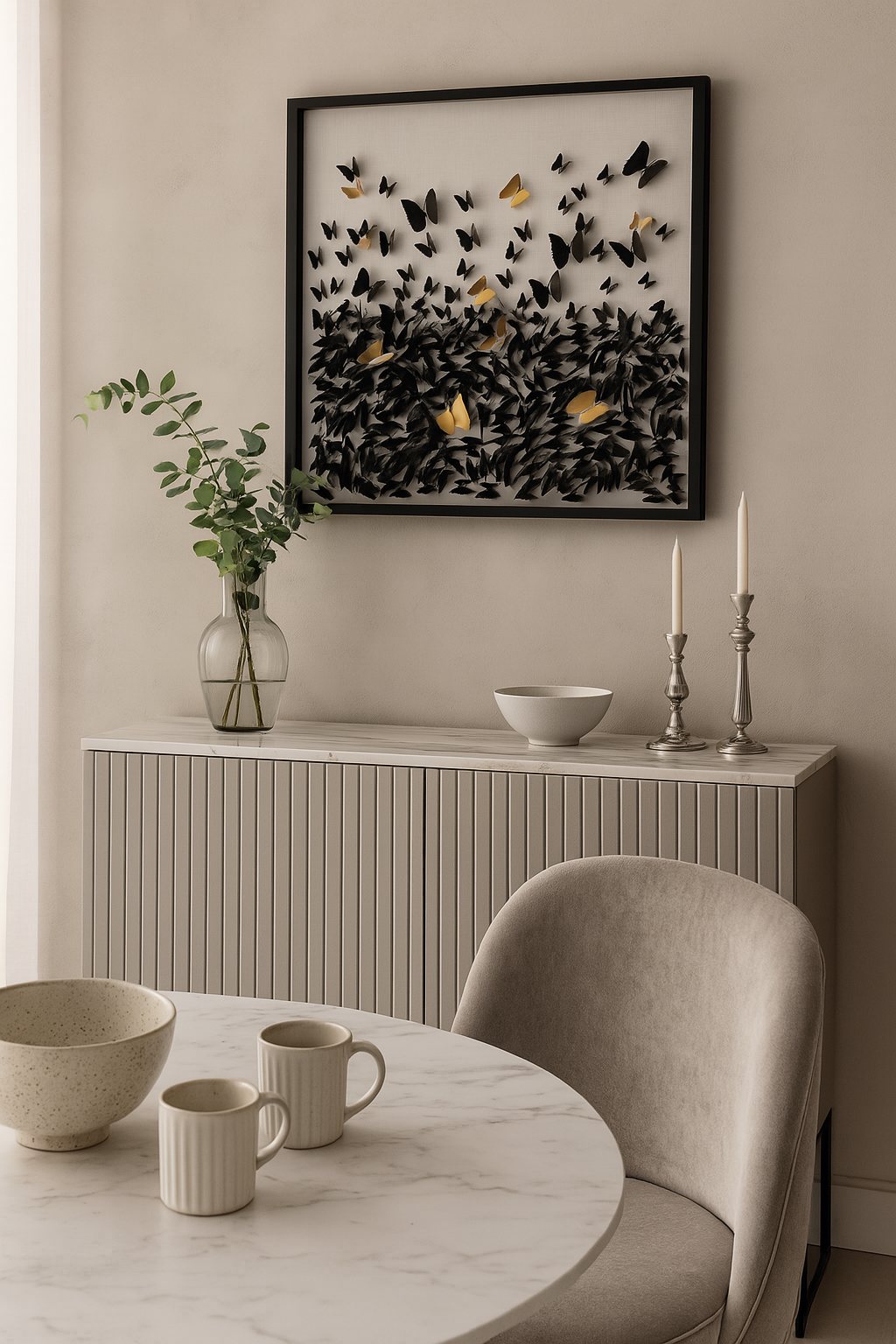 Wanddeko mit Schmetterlingen in Schwarz/Gold – 3D-Optik – 90×90 cm – modern