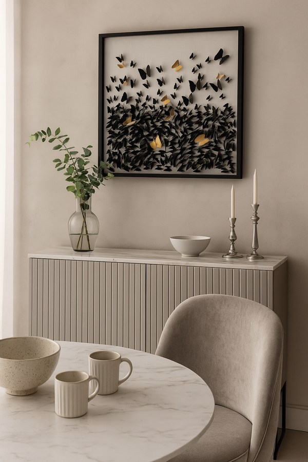 Wanddeko mit Schmetterlingen in Schwarz/Gold – 3D-Optik – 90×90 cm – modern