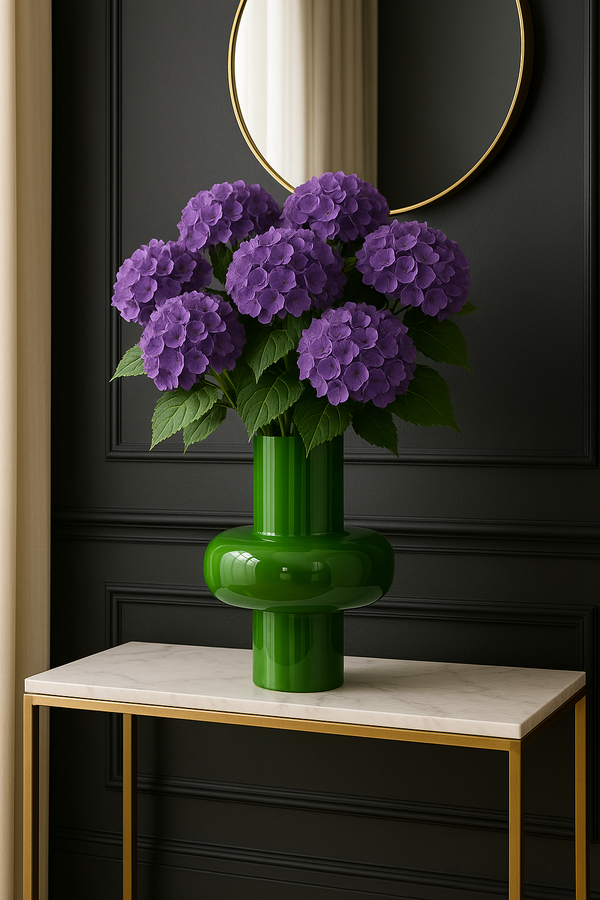 Vase aus grün emailliertem Eisen – glänzende Oberfläche – 28x28x43 cm – modern