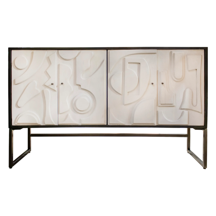 Sideboard aus Mangoholz in Schwarz-Weiß – 3D-Front – 153x43x92 cm – Modern-Art-Stil