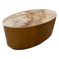 Ovaler Couchtisch mit Keramikplatte – goldfarbenes Edelstahlgehäuse – 80x40x40 cm – Marmoroptik