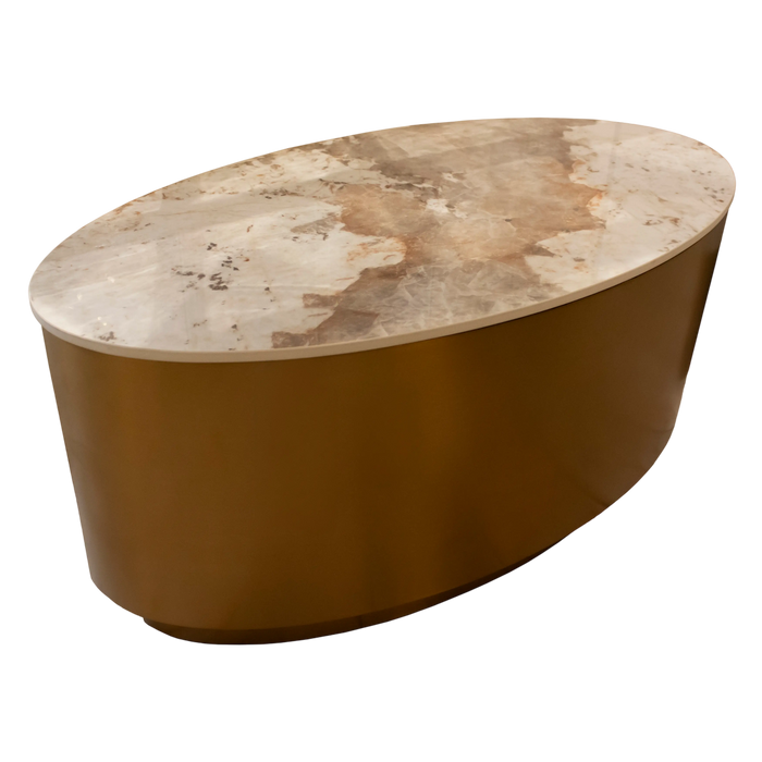 Ovaler Couchtisch mit Keramikplatte – goldfarbenes Edelstahlgehäuse – 80x40x40 cm – Marmoroptik
