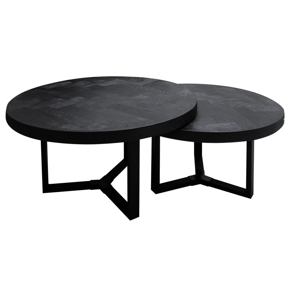 Couchtisch aus Mangoholz in Schwarz mit Fischgrätmuster – rund – modernes Design