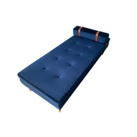 Daybed Blau – Samt, Holzfüße Natur, 180 cm, Designer-Liege mit Kopfstütze