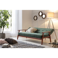 Schlafsofa in Grün mit Samtbezug, Massivholzgestell aus Eukalyptus und 3-in-1-Funktion – Sitz-, Chill- & Liegeposition, 190 cm breit.