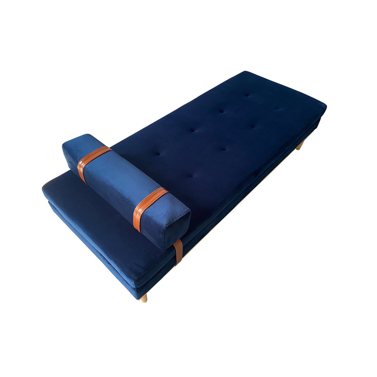 Daybed Blau – Samt, Holzfüße Natur, 180 cm, Designer-Liege mit Kopfstütze