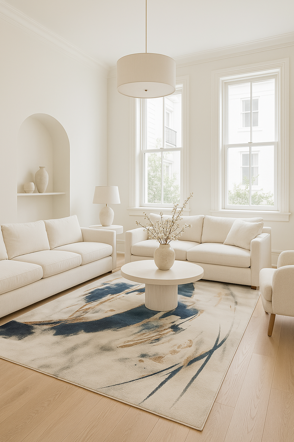 Designteppich modern – Pinselmuster in Blau & Beige – 160x230 bis 300x400 cm – schimmernd & pflegeleicht