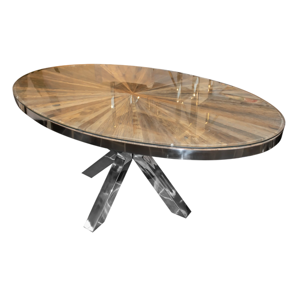 Ovaler Esstisch aus recyceltem Holz – Glasplatte – 181×110×76 cm – rustikal & modern