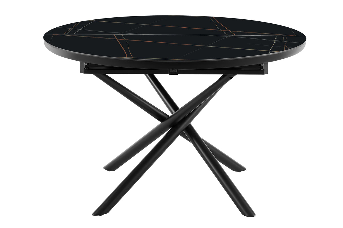 Esstisch aus MDF & Keramik – ausziehbar auf 160x120 cm – Ø120 cm – Schwarz matt