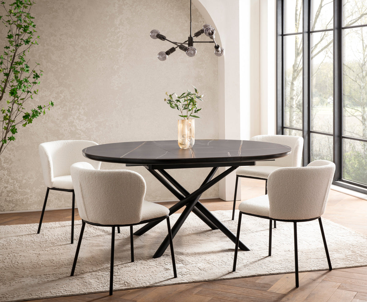Esstisch aus MDF & Keramik – ausziehbar auf 160x120 cm – Ø120 cm – Schwarz matt