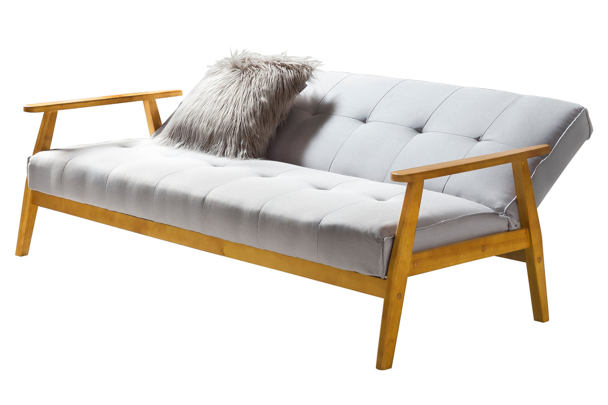 Schlafsofa aus Webstoff mit Massivholz-Armlehnen – Zierknöpfe – 190×85 cm