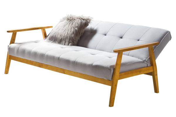 Schlafsofa aus Webstoff mit Massivholz-Armlehnen – Zierknöpfe – 190×85 cm