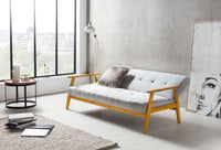 Schlafsofa aus Webstoff mit Massivholz-Armlehnen – Zierknöpfe – 190×85 cm