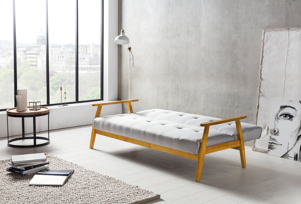 Schlafsofa aus Webstoff mit Massivholz-Armlehnen – Zierknöpfe – 190×85 cm