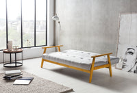 Schlafsofa aus Webstoff mit Massivholz-Armlehnen – Zierknöpfe – 190×85 cm