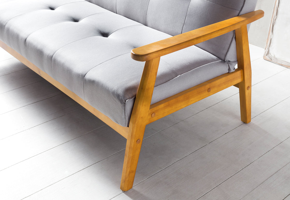 Schlafsofa aus Webstoff mit Massivholz-Armlehnen – Zierknöpfe – 190×85 cm