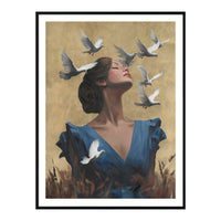 Handgemaltes Wandbild Bird Lady in Gold – 90x120 cm – mit Rahmen – figurativ & edel