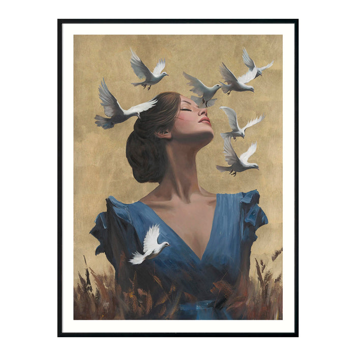 Handgemaltes Wandbild Bird Lady in Gold – 90x120 cm – mit Rahmen – figurativ & edel