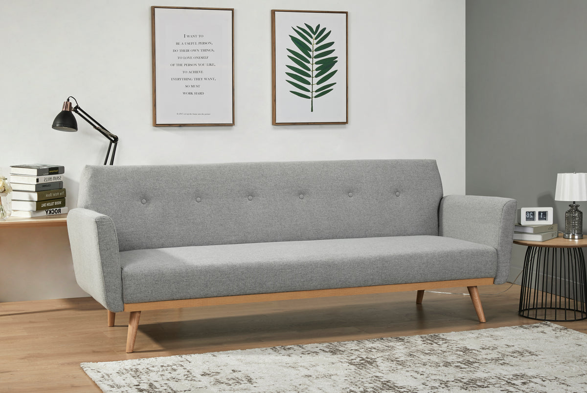 Schlafsofa aus Strukturstoff in Hellgrau – Massivholzfüße – Liegefläche 190x111 cm