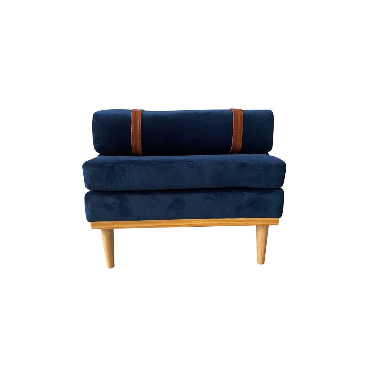 Daybed Blau – Samt, Holzfüße Natur, 180 cm, Designer-Liege mit Kopfstütze