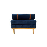 Daybed Blau – Samt, Holzfüße Natur, 180 cm, Designer-Liege mit Kopfstütze
