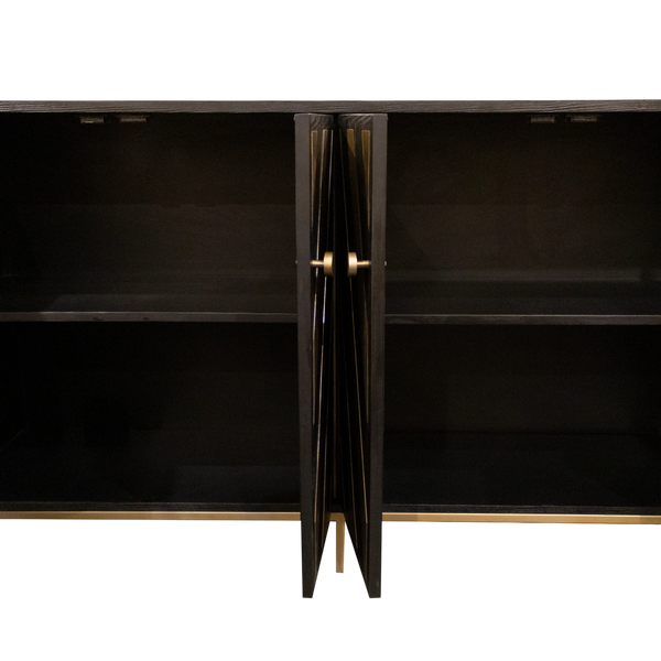 Sideboard aus Mangoholz in Schwarz – Chevron-Front & goldene Details – 180 × 50 × 86 cm – Industrial-Stil