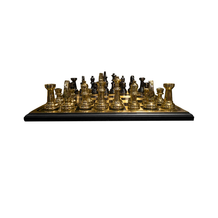 Schachbrett aus Edelstahl in Gold/Schwarz – Holzsockel – 40x40 cm – Modernes Design
