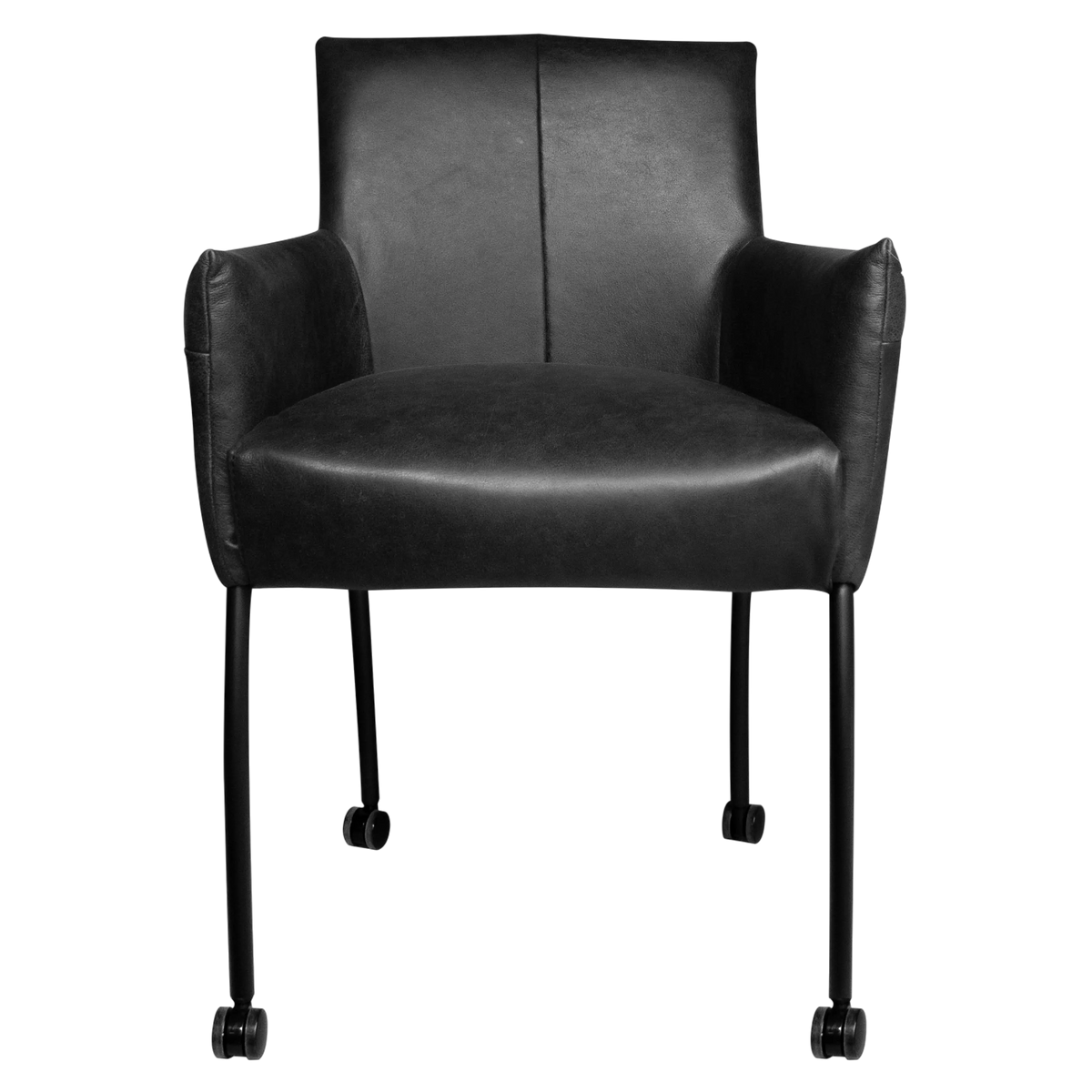 Esszimmerstuhl mit Rollen aus Leder – Schwarz – B 60 cm – Komfort trifft Industrial-Design