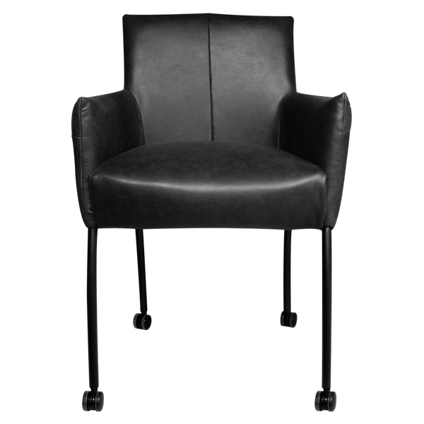 Esszimmerstuhl mit Rollen aus Leder – Schwarz – B 60 cm – Komfort trifft Industrial-Design