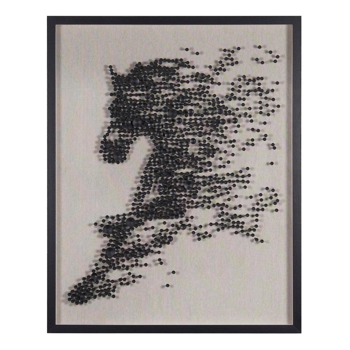 3D-Wandbild mit Pferdemotiv – schwarze Holzkugeln auf Leinen – 86x106 cm – modern & ausdrucksstark
