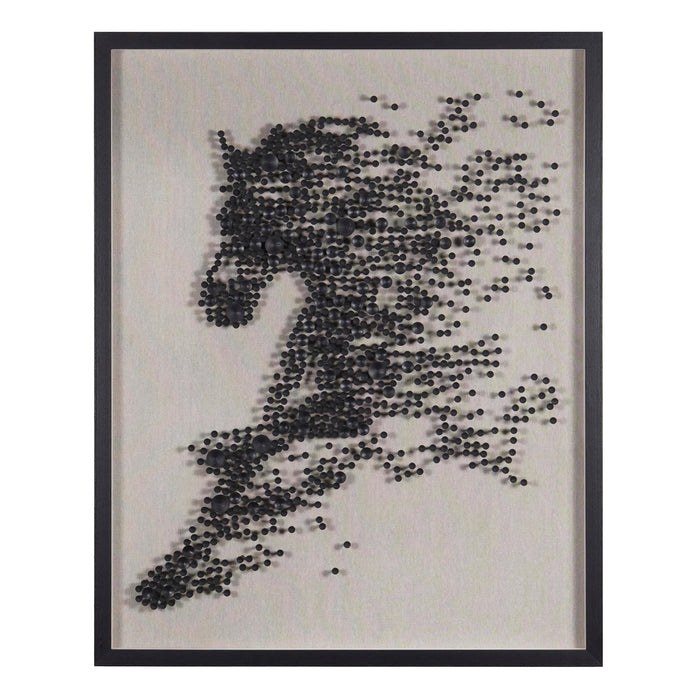 3D-Wandbild mit Pferdemotiv – schwarze Holzkugeln auf Leinen – 86x106 cm – modern & ausdrucksstark