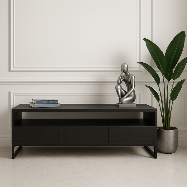 TV-Lowboard in Schwarz – Mangoholz mit Fischgrätmuster – 160×40×60 cm – mattes Design