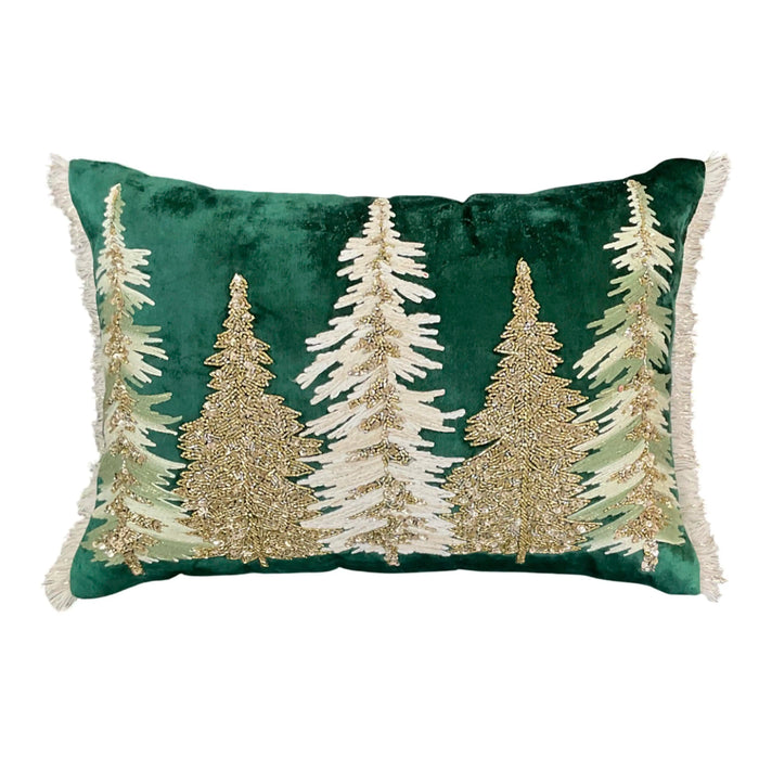 Weihnachtskissen Tannenmotiv – Grau mit Grün & Gold – 50x35 cm Stoff