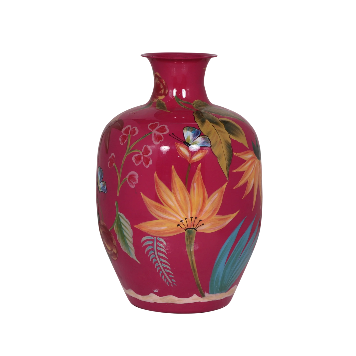 Vase aus Eisen mit Emaille in Fuchsia – handbemalt & glänzend – 33x33x49 cm