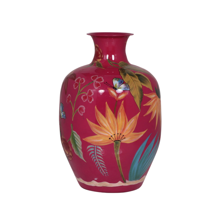 Vase aus Eisen mit Emaille in Fuchsia – handbemalt & glänzend – 33x33x49 cm