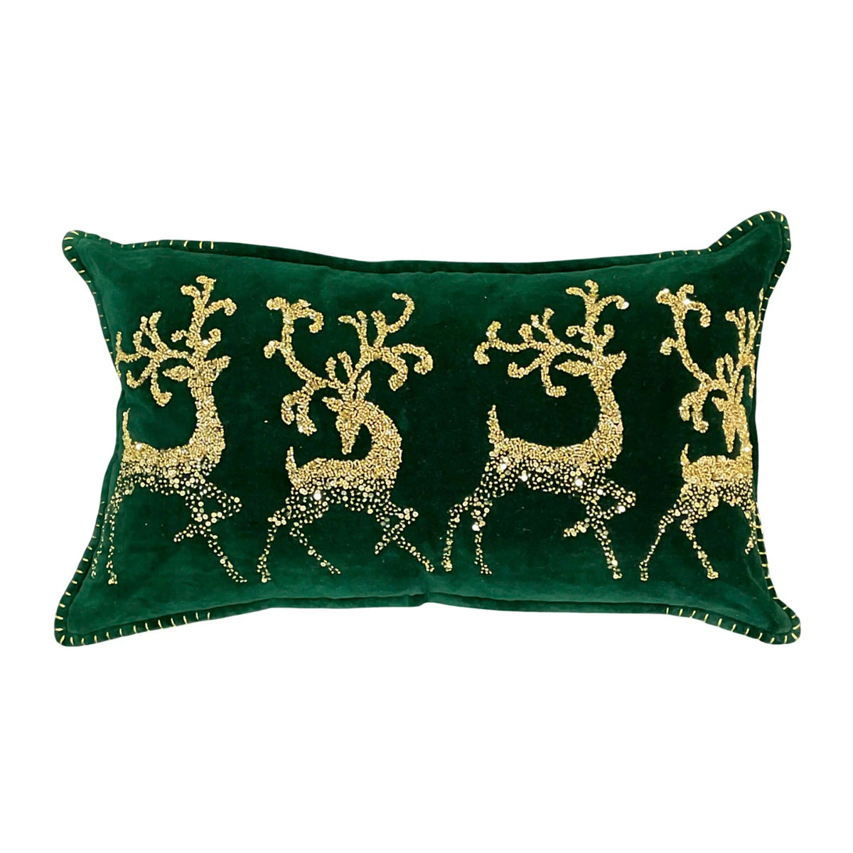 Weihnachtskissen Rentier-Print – Grau mit Grün & Gold – 60x35 cm Stoff