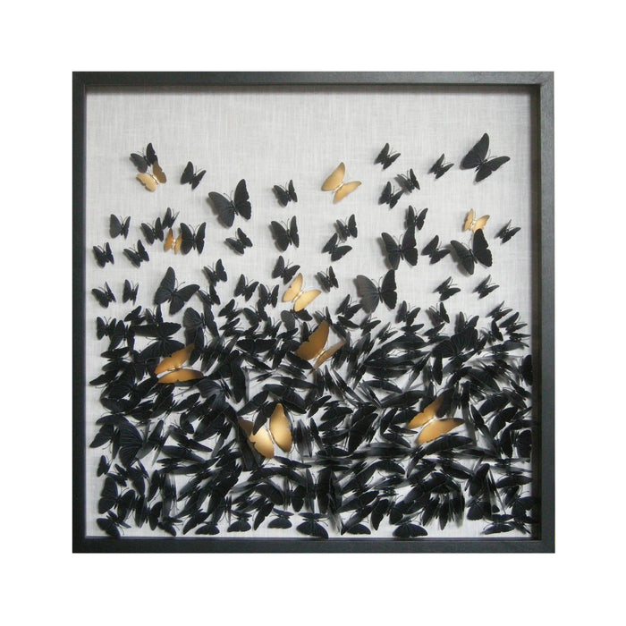 Wanddeko mit Schmetterlingen in Schwarz/Gold – 3D-Optik – 90×90 cm – modern