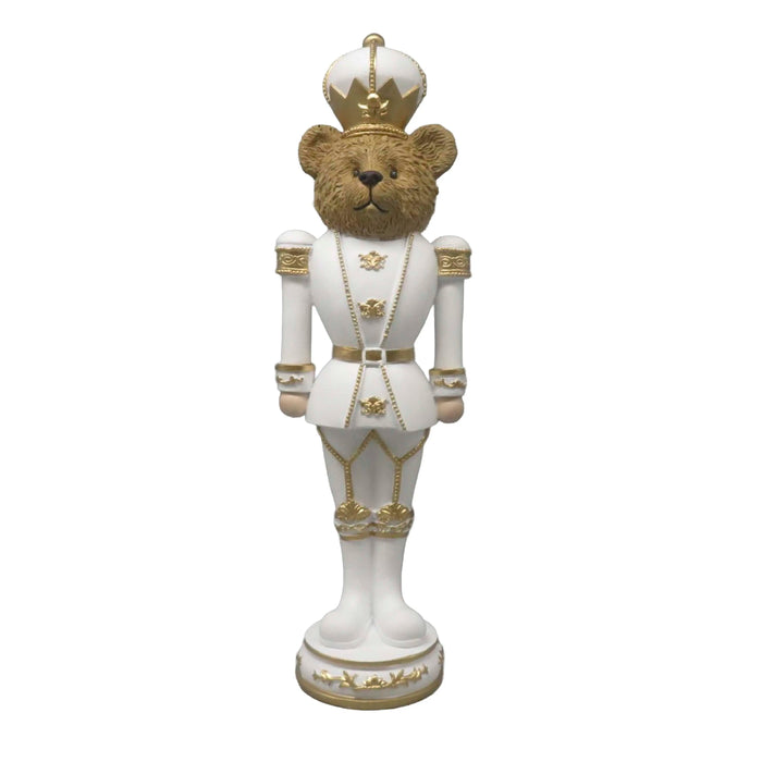 Deko-Nussknacker Bär – Weiß & Gold aus Resin – 12x10x39 cm Weihnachtsfigur