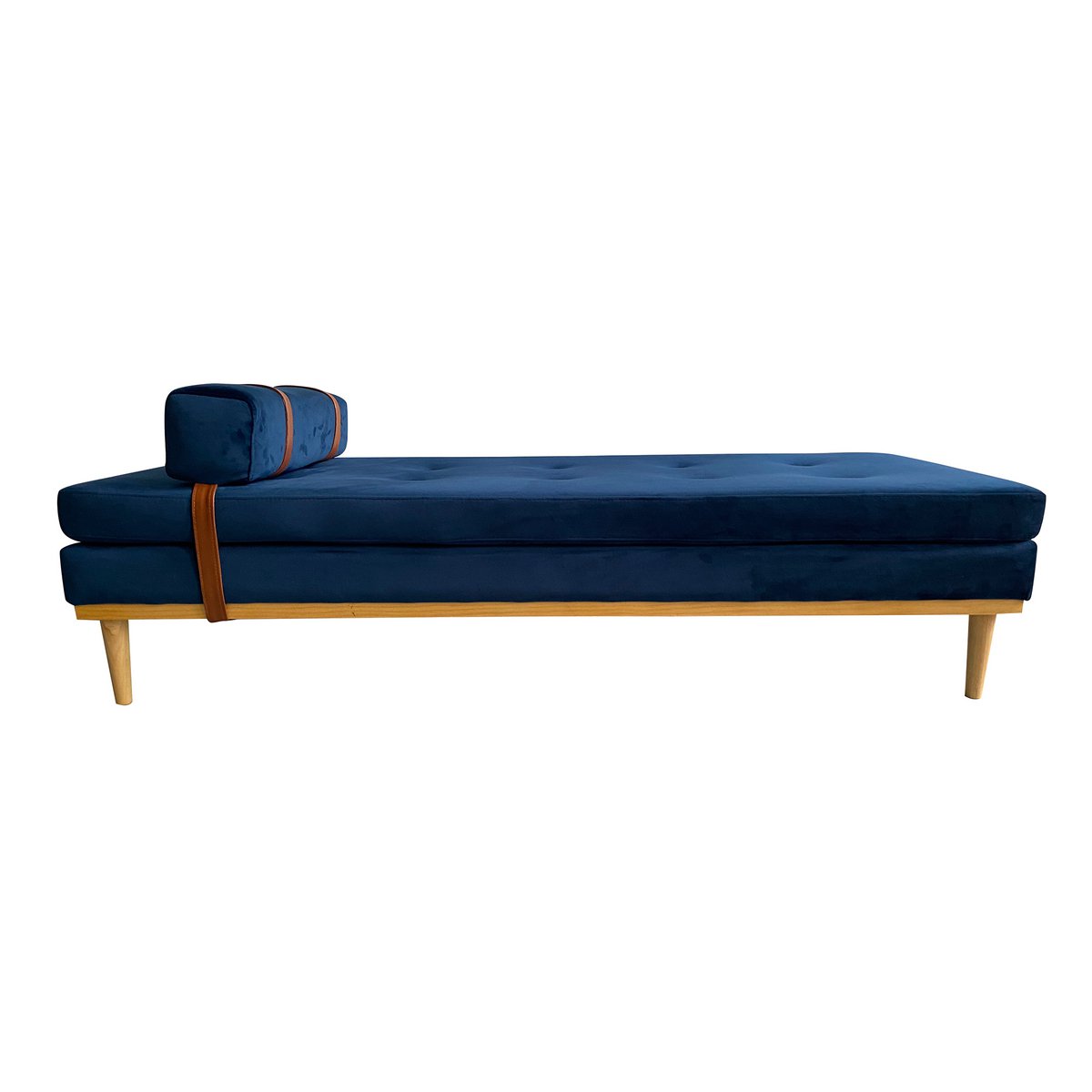 Daybed Blau – Samt, Holzfüße Natur, 180 cm, Designer-Liege mit Kopfstütze