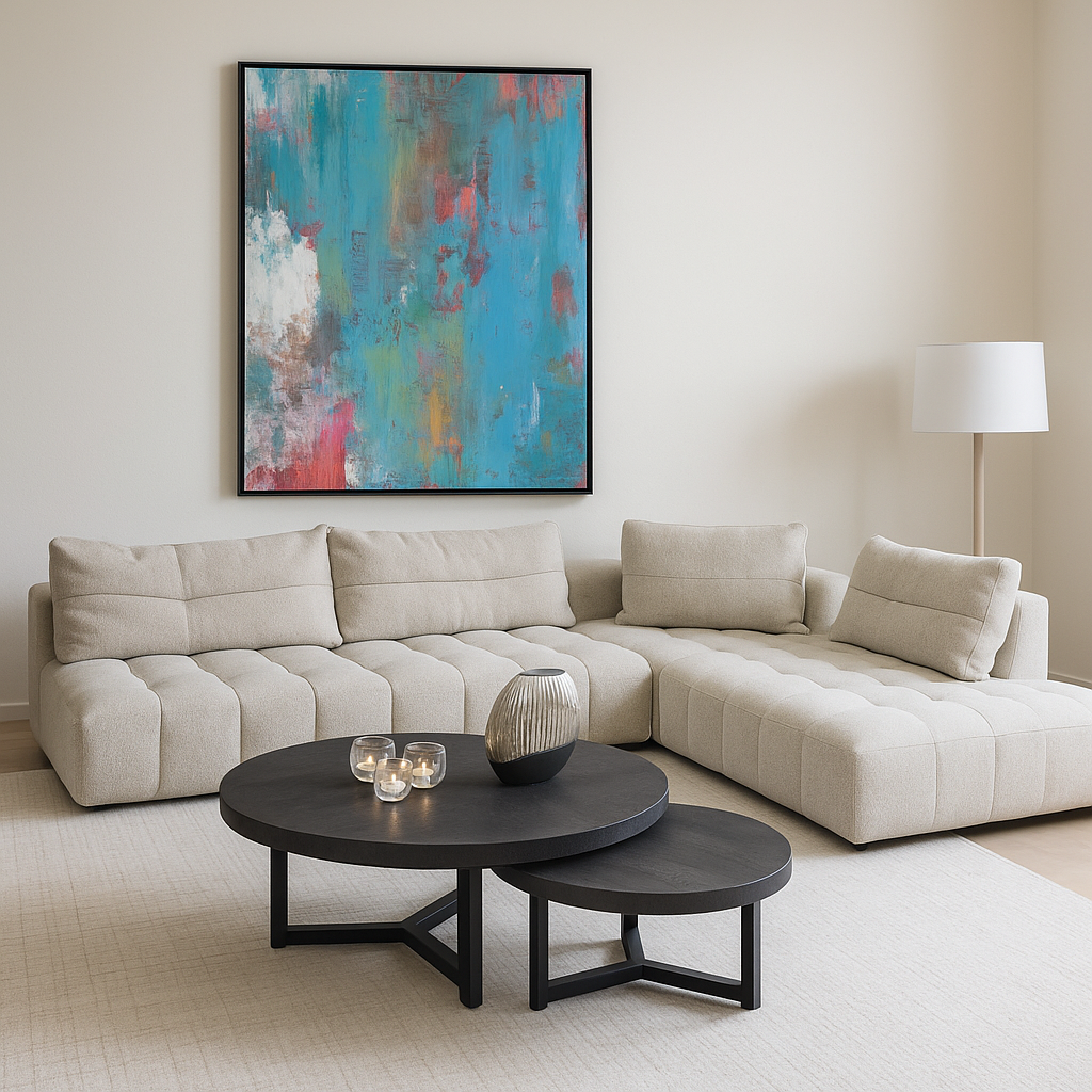 Couchtisch aus Mangoholz in Schwarz mit Fischgrätmuster – rund – modernes Design