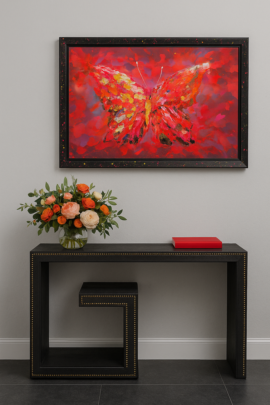 Handgemaltes Wandbild mit Schmetterling – leuchtende Multicolor-Akzente – 100x130 cm – moderner Rahmen
