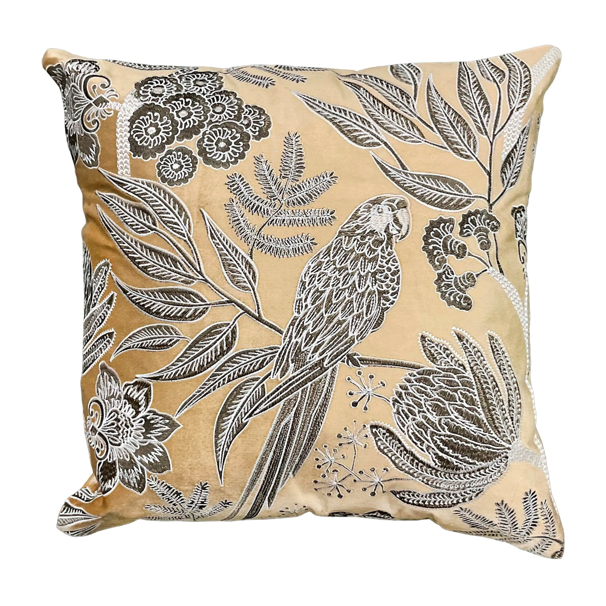 Zierkissen aus Samt in Gold – Vogelmotiv & florale Details – 50×50 cm – exotisch-elegant