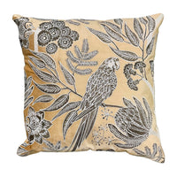 Zierkissen aus Samt in Gold – Vogelmotiv & florale Details – 50×50 cm – exotisch-elegant